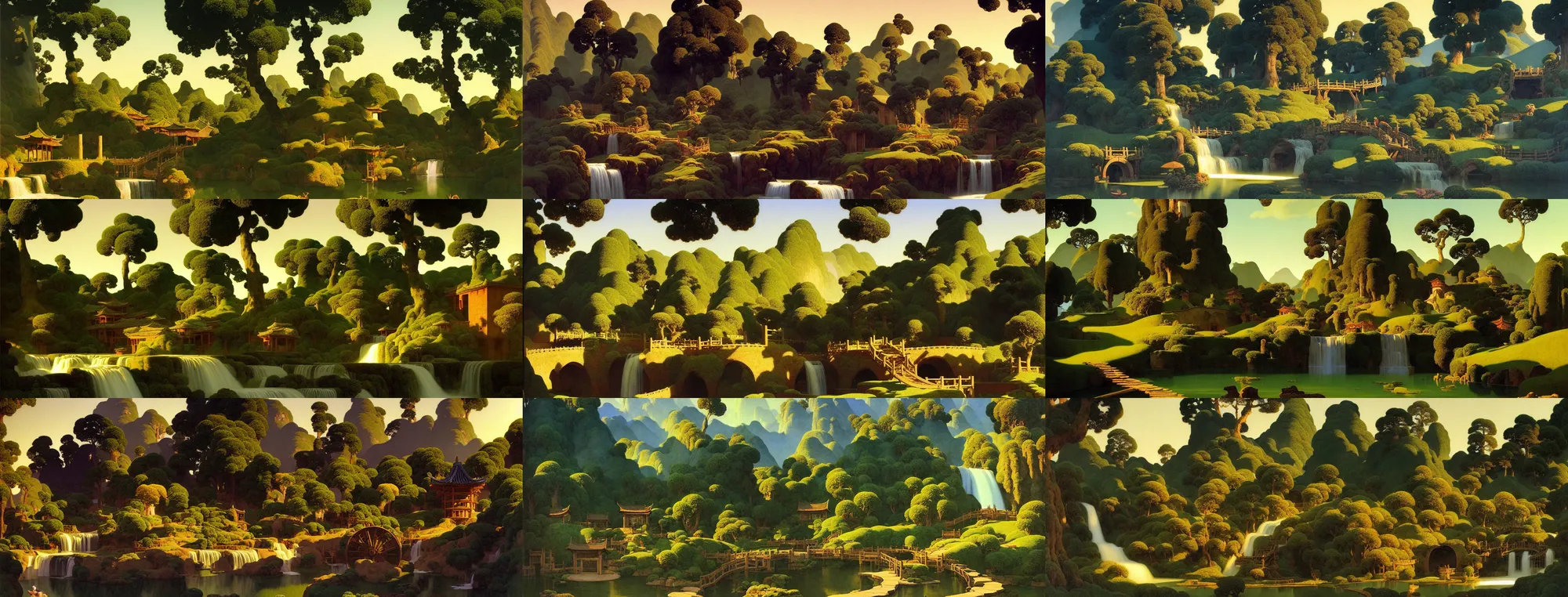 Prompt: a gorgeous landscape painting by barlowe wayne maxfield parrish and marco mazzoni. trees has just sprouted. early morning. tyndall effec!! light effect. chinese village. china waterwheel. the winding steps, waterfall from the mountain. ultra clear detailed. highly detailed, 3 d, octane render.
