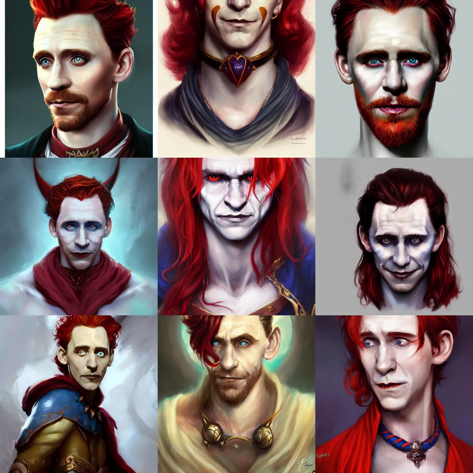 Prompt: male jester, tom hiddleston, art by artgerm and greg rutkowski and magali villeneuve, reddish hair, very pale skin, neck rings, d & d, fantasy, portrait, highly detailed, digital painting, trending on artstation, concept art, sharp focus, illustration