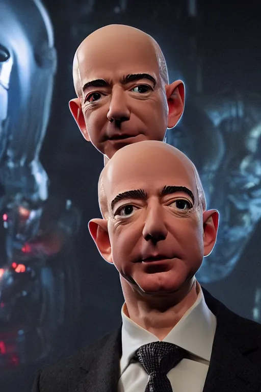 Image similar to jeff bezos as an alien invader, photorealistic, cinematic lighting, highly detailed, very intricate, by guillermo del toro