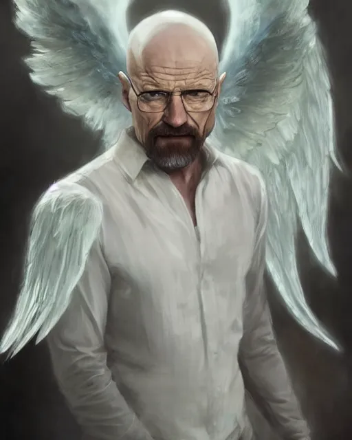 Image similar to walter white winged angel, male!!!!!!!, long white hair, by daniel gerhartz, trending on artstation