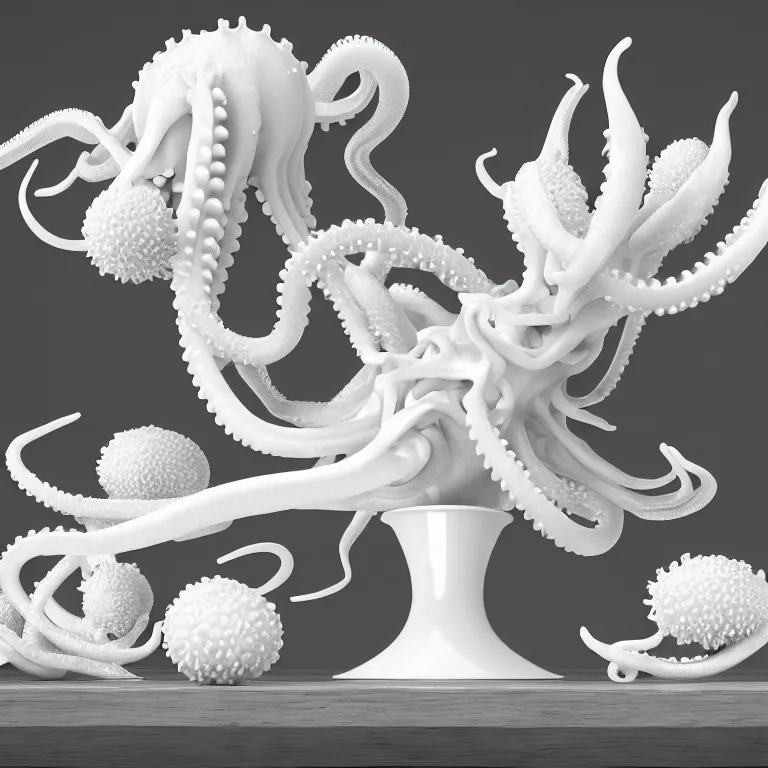 Image similar to still life of white flowers on a table, white alien squid, white octopus, , surreal alien ribbed white fruit, white human spine, baroque painting, beautiful detailed intricate insanely detailed octane render trending on Artstation, 8K artistic photography, photorealistic, chiaroscuro, Raphael, Caravaggio beautiful BW monochrome