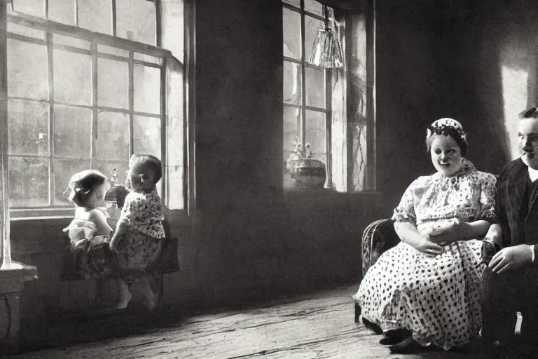 Image similar to charming and chubby parents and their very fat baby girl, wearing a polka dot cloths and a victorian - style hairdo, sits in the large and bright studio. sunlight enters through the barred window. modern etching style. beautiful lighting, 4 k post - processing, highly detailed, 5 k extremely detailed, 3 d. cinematic scene.