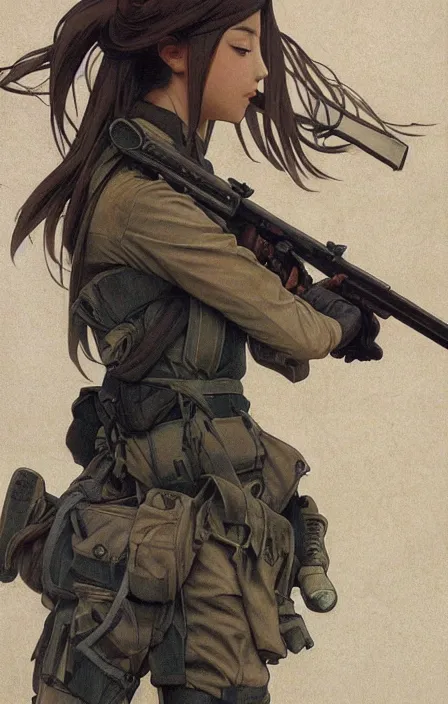 Prompt: infantry girl, anime style, symmetrical facial features long hair, hair down, under heavy fire, explosions, wallpaper, hyper realistic, pale skin, rule of thirds, extreme detail, 4 k, detailed drawing, trending artstation, realistic lighting, trading card front, by alphonse mucha, greg rutkowski, sharp focus, backlit, smooth, fast helmet