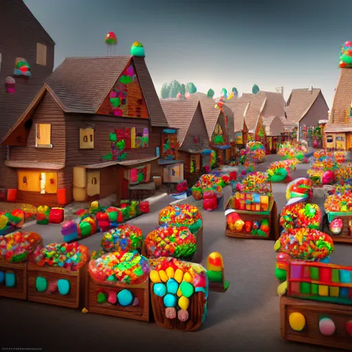 Image similar to Village made of sweets, 4k octane render, detailed art, artstation, streetview, CGSociety, deviantart