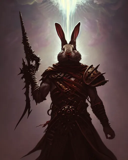 Image similar to Rabbit Warrior, evil, maniac, magic the gathering artwork, D&D, fantasy, cinematic lighting, centered, symmetrical, highly detailed, digital painting, artstation, concept art, smooth, sharp focus, illustration, volumetric lighting, epic Composition, 8k, art by Akihiko Yoshida and Greg Rutkowski and Craig Mullins, oil painting, cgsociety