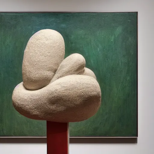 Image similar to a detailed, impasto painting by shaun tan and louise bourgeois of an abstract forgotten sculpture on a pedestal by ivan seal and the caretaker