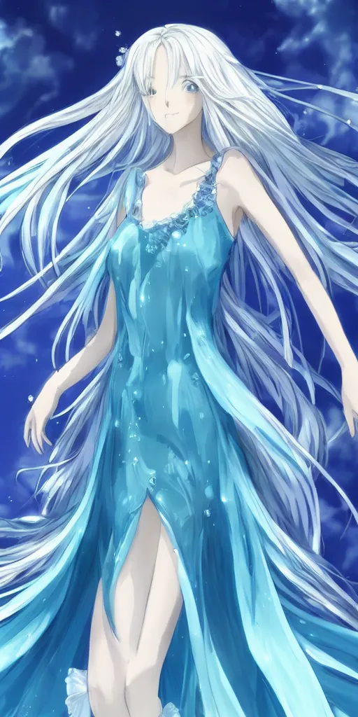 Image similar to a very beautiful anime girl wearing a elegant dress made of water standing in a azure blue crystal lake , full body, long white hair with azure blue highlights blending into the dress , azure blue watery eyes, full round face, seductive over the shoulder glances ,soft smile,tears, lens flare, cinematic lighting, medium shot, mid-shot, highly realistically detailed, trending on artstation, Unreal Engine 4k, Stanley Artgerm Lau, WLOP, Rossdraws, James Jean, Andrei Riabovitchev, Marc Simonetti, and Sakimichan