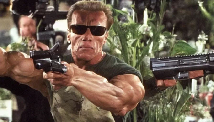 Prompt: big budget action movie where arnold schwarzenegger shoots a minigun at a florist.