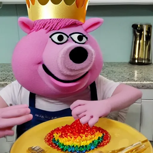 Prompt: rainbow pig wearing a gold crown as a Muppet cooking dinner 8k