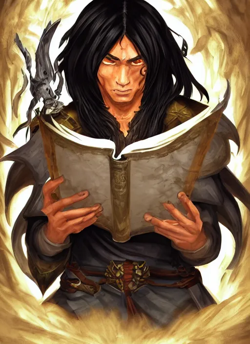 Prompt: DND character, a man with tan skin and long straight black hair, reading an evil demonic book, evil energy, in an ancient tomb, rogue class warrior class