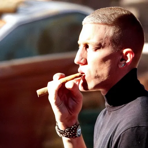 Prompt: high quality photo of eminem smoking cigar