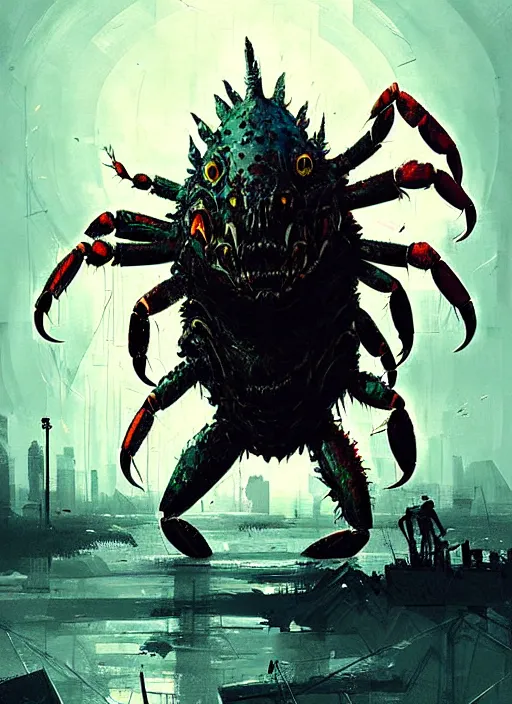 Image similar to horror art, crab kaiju attacks ny, art by ismail inceoglu