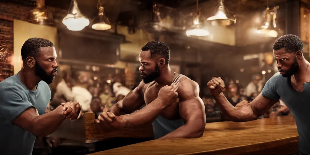 Prompt: a photo of a bar fight inside a pub between black men, Leica, symmetrical faces, muscles, detailed faces, accurate faces, 4k, 3D render, hyperrealism, editorial, photorealistic, crisp details, sharp focus, wide angle lens, octane render, cinematic lighting