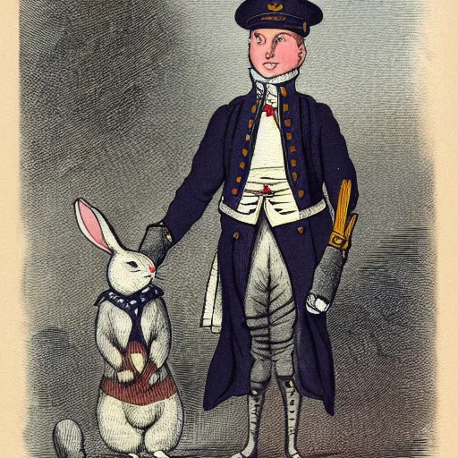 Prompt: a book illustration of a rabbit wearing a british navy 1700s uniform