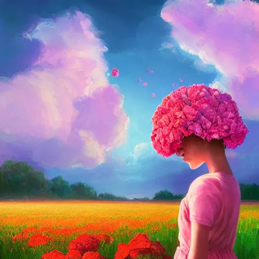 Image similar to head of carnations flower, girl in a flower field, surreal photography, sunrise dramatic light, impressionist painting, colorful clouds, digital painting, artstation, simon stalenhag, flower face