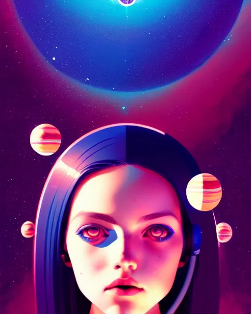 Image similar to girl in space, floating beside planets, symmetrical face and body, symmetrical composition, dynamic wavey hair, detailed designs, digital painting, 4 k, by ilya kuvshinov, by greg rutkowski, atmospheric lighting