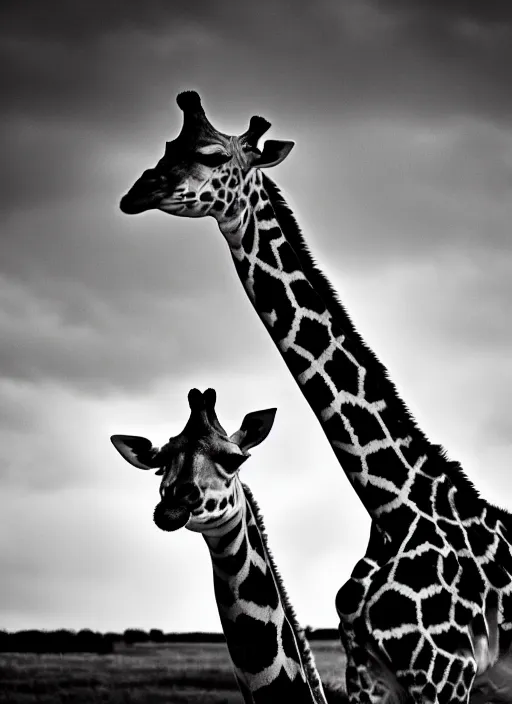 Image similar to two giraffe black and white portrait white sky in background