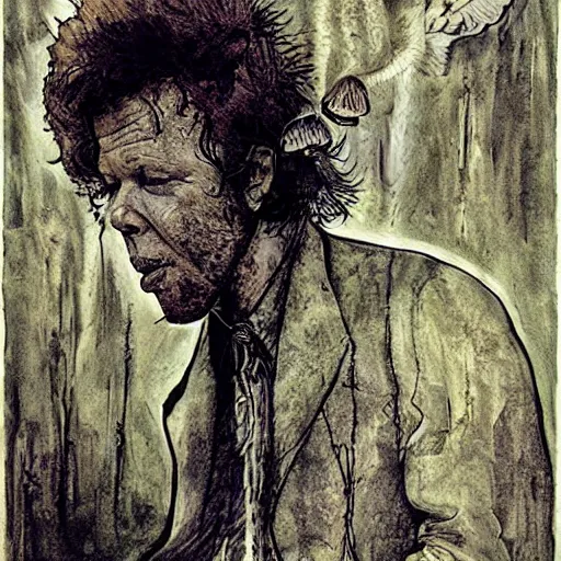 Image similar to tom waits in a world of mushrooms, by Stephen Bliss