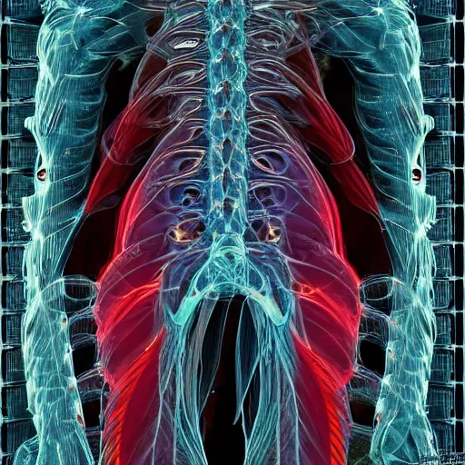 Prompt: full frame human body with fractal microorganisms aura, fine details, symmetrical, fine details, muscles, veins, artery, 90's aesthetic, x-ray, noise film, photo