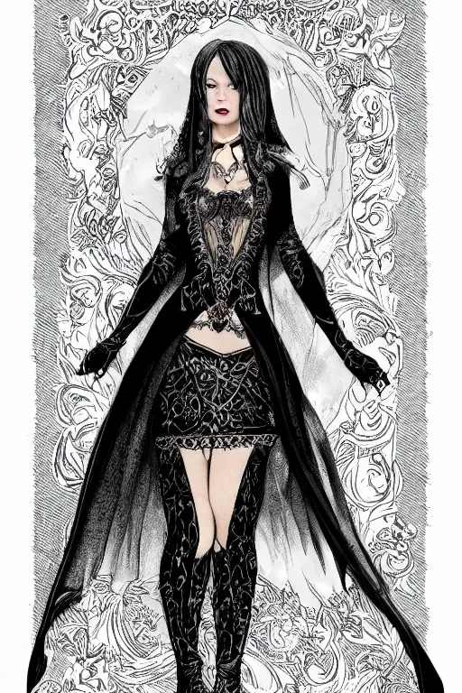 Prompt: pretty gothic sorceress wearing a tight dress with illustrious details, jewelry, ornated clothing, attractive, character concept