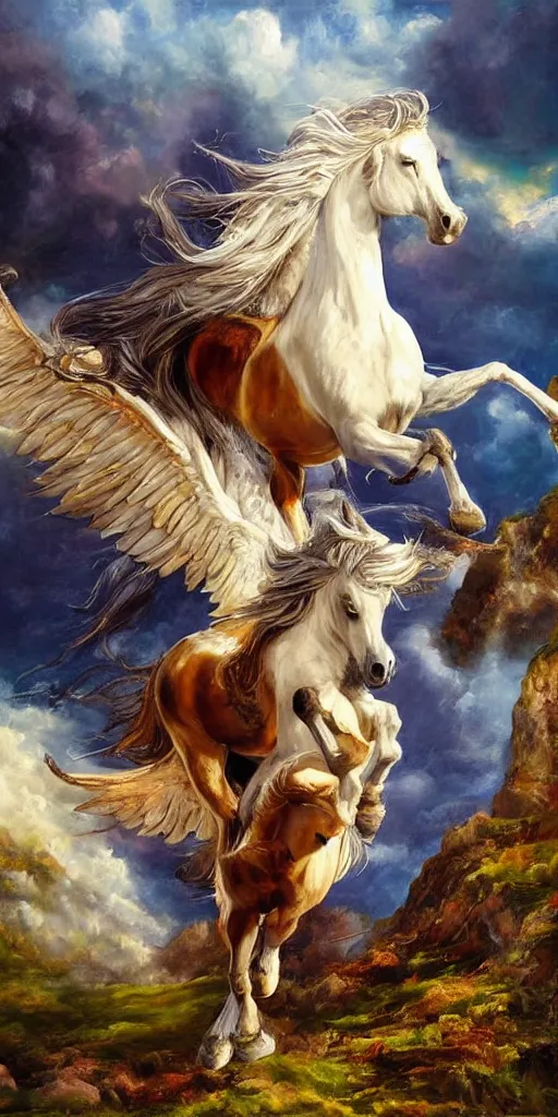 Prompt: a pegasus on a mountaintop, wings spreading, flowing mane, ultra-realistic fantasy oil painting