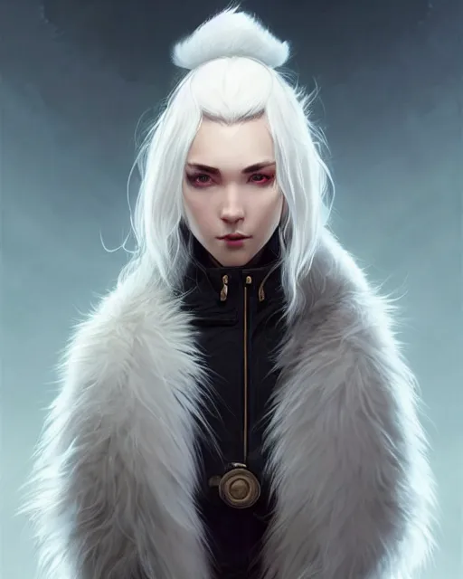 Image similar to dragon hunter wearing a fur - lined dragonhide jacket!!! beautiful and elegant white hair female!! symmetry, character concept art, sharp focus, illustration, artgerm!! greg rutkowski! wlop!! ilya kuvshinov!! charlie bowater! octane render! unreal engine 5! highly rendered!! trending on artstation!