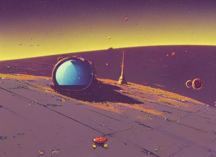 Prompt: a brightly - coloured spacecraft in an empty landscape by martin deschambault, dean ellis, peter elson, josan gonzalez, david a hardy, john harris, wadim kashin, angus mckie, moebius, bruce pennington, sci - fi art