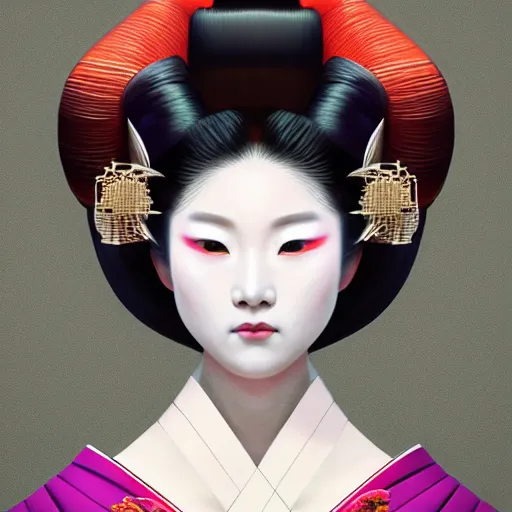 Image similar to Perfectly-Centered Portrait of a Geisha, intricate, elegant, super highly detailed, professional digital painting, artstation, concept art, smooth, sharp focus, no blur, no dof, extreme illustration, Unreal Engine 5, Photorealism, HD quality, 8k resolution, cinema 4d, 3D, beautiful, cinematic, art by artgerm and greg rutkowski and alphonse mucha and loish and WLOP