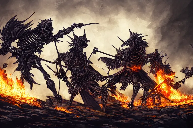 Prompt: skeleton knights spontaneously combusting, digital painting, mixed media, trending on artstation and deviantart, epic composition, centered, sharp focus, magnum opus, highly detailed, 8 k