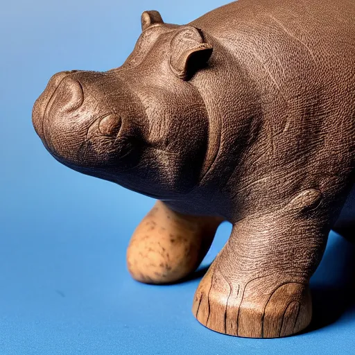 Image similar to a small simple hippo statue carved natural wood, dipped in polished blue ceramic, half and half, mixed media, side view