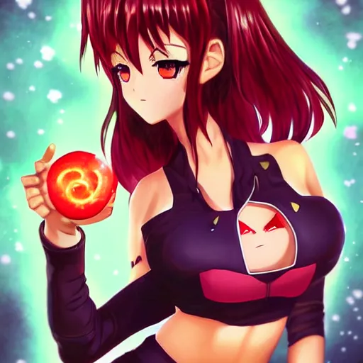 Image similar to anime girl holding cherry bomb, bomb fuse lit, flaming fuse, anime girl smiling, grinning, art by artgerm