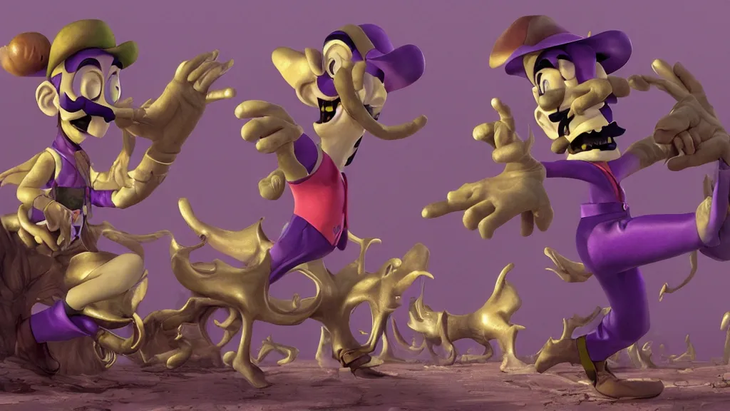 Prompt: ! dream waluigi with an evil grin, by bob byerley, by wangechi mutu, airbrush, ray tracing reflections, ray traced, vfx