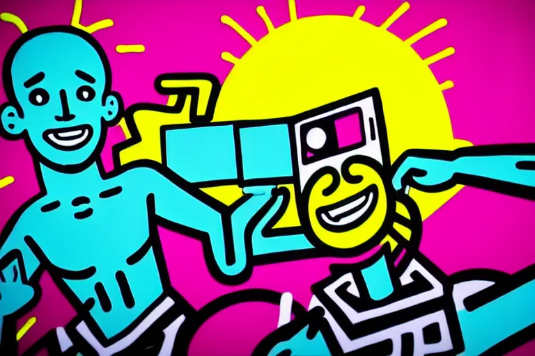 Image similar to pop art of someone taking a selfie smiling during the apocalypse, bright neon colors, intricate details, complementary colors, detailed face, backlighting, octane render, depth of field, extremely detailed, trending in artstation, focus on face, sharp focus, radiant light, beautiful composition, drawn by roy lichtenstein, keith haring, romero britto