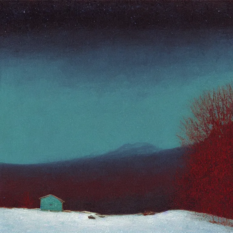 Image similar to new hampshire, mountains, winter, night, luminous, teal palette, arkhip kuindzhi, glaze oil painting, christian mysticism