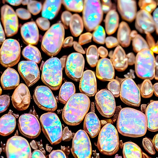 Prompt: collection of opals in sunlight, photography