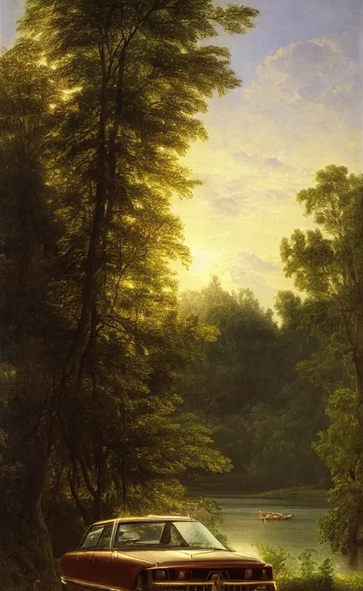 Image similar to artwork painting of a lush environment, volumetric light rays, a car parked by the lake with the trunk open by eugene von guerard, ivan shishkin