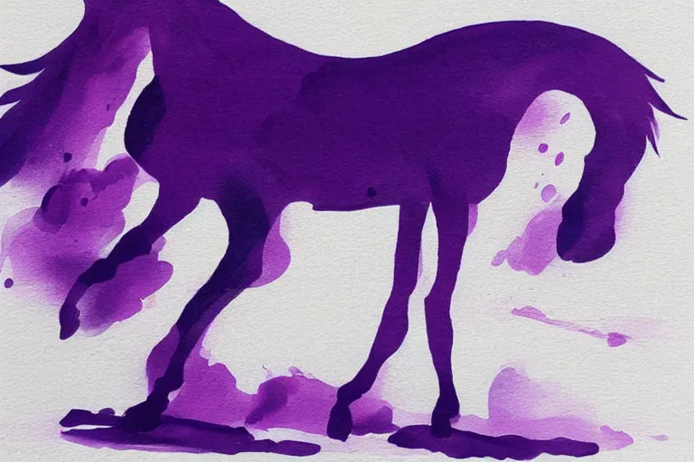 Prompt: bautiful serene horse, healing through motion, minimalistic purpble ink aribrush painting on white background