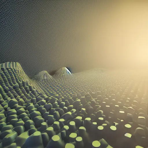 Image similar to a photograph of a 3 d render of 3 d cellular automaton. highly detailed octane render and vray with natural light and organic colours, volumetric lighting, raytracing, mist, smoke, rays of light, mystical and mysterious.