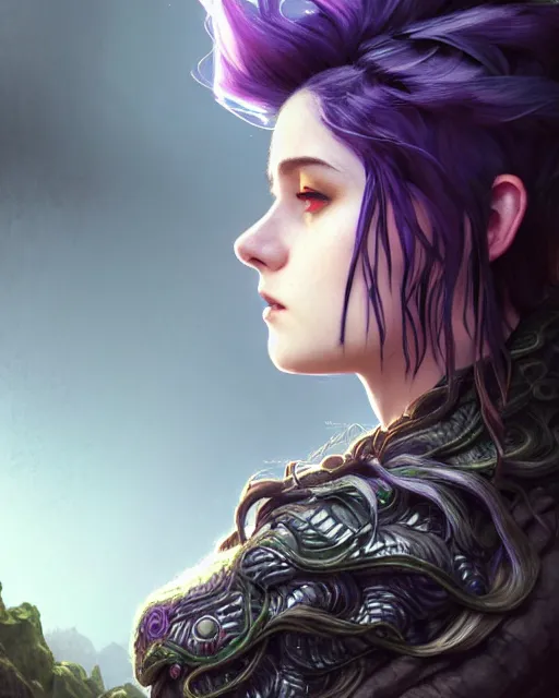 Image similar to cinematic side portrait rugged girl, adventurer outfit large cloak, fantasy forest landscape, dragon scales in hair, fantasy magic, undercut hairstyle, short purple black fade hair, dark light night, intricate, elegant, sharp focus, illustration, highly detailed, digital painting, concept art, matte, art by WLOP and Artgerm and Greg Rutkowski and Alphonse Mucha, masterpiece