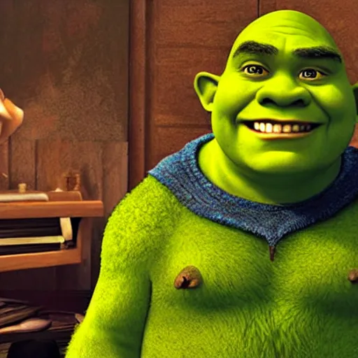 Prompt: shrek as mr. bean. movie still. cinematic lighting.