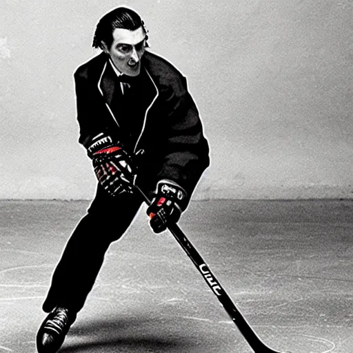 Prompt: photo of Dracula playing hockey