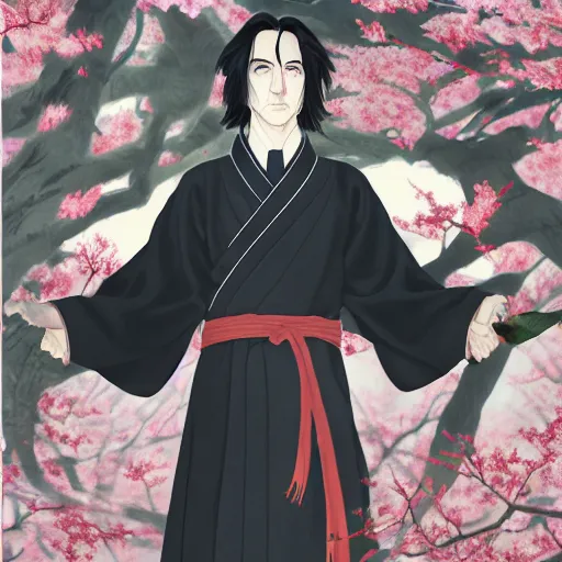 Image similar to detailed portrait of snape samurai with swords, in snow forest sakura cherry blossom, hakama kimono, trending on artstation elite, elegant, luxury, by krenz cushart, junji ito, takato yamamoto, perfect face, fine details, realistic shaded, fine - face, pretty face