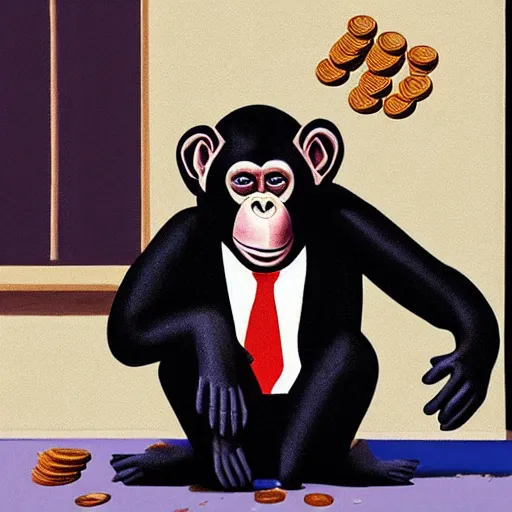 Prompt: a painting of a chimpanzee wearing a business suit picking up pennies on a street in manhattan, hyperrealistic