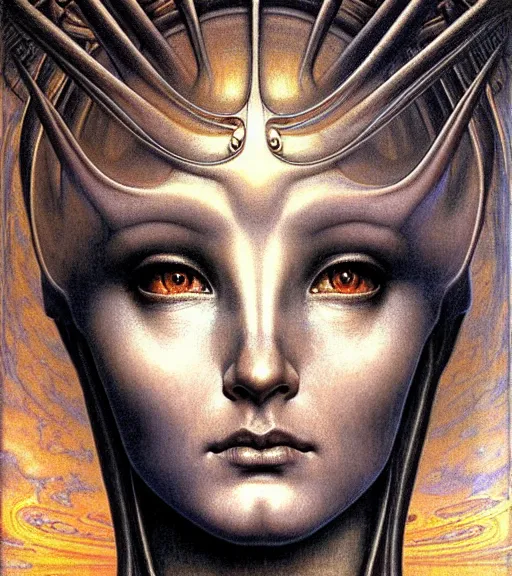 Prompt: detailed realistic beautiful young cher alien robot as queen of mars face portrait by jean delville, gustave dore and marco mazzoni, art nouveau, symbolist, visionary, gothic, baroque. horizontal symmetry by zdzisław beksinski, iris van herpen, raymond swanland and alphonse mucha. highly detailed, hyper - real, beautiful