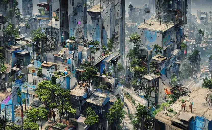 Image similar to A futuristic favela in Rio de Janeiro on a cyberpunk aesthetic mixing technology and nature, realistic cityscape, hyper realistic, trending on artstation.