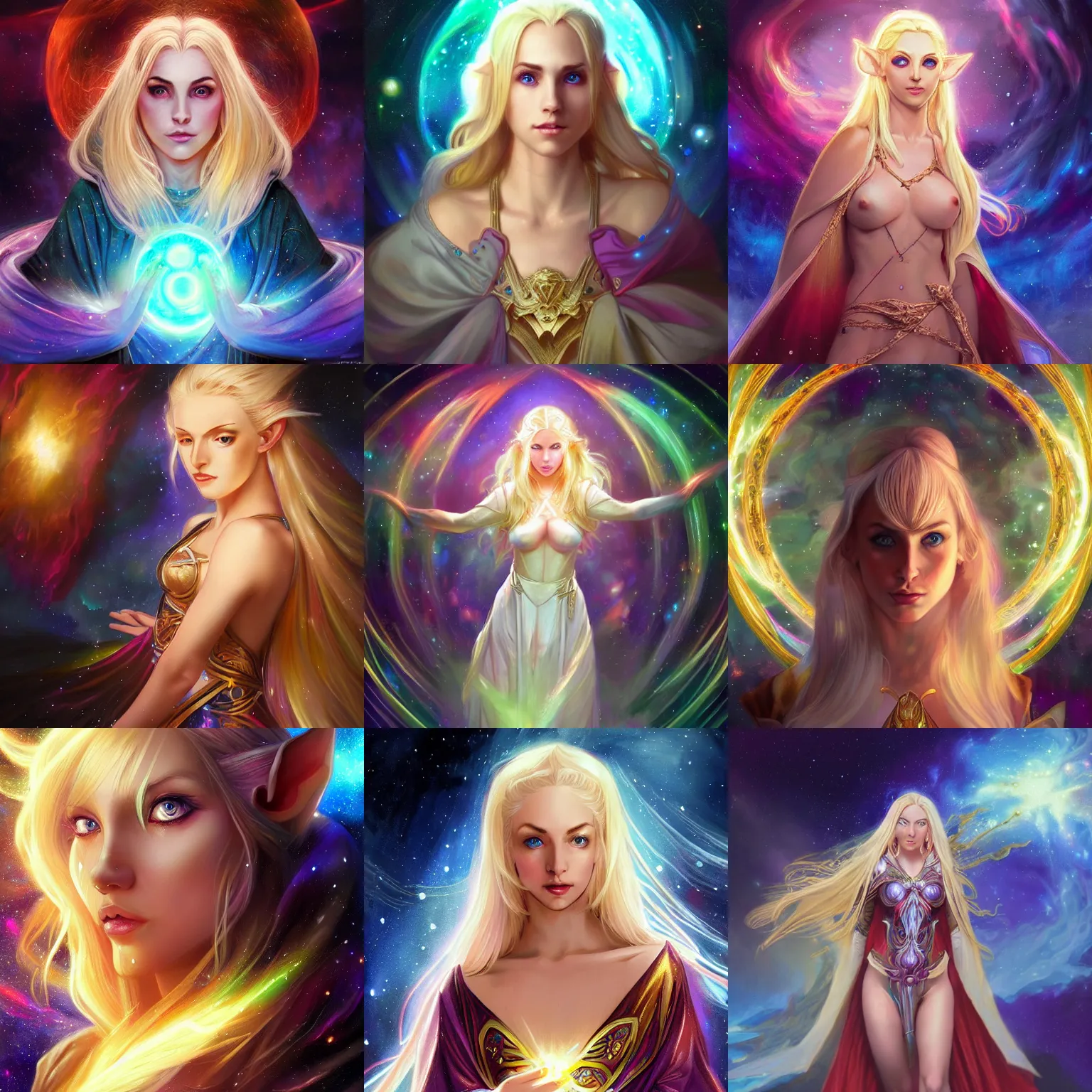 Prompt: blonde female high elf with crazy glowing eyes in a multicolored robe,floatiung in front of a nebula, D&D, fantasy, intricate, cinematic lighting, highly detailed, digital painting, Artstation, concept art, smooth, sharp focus, illustration, art by Artgerm and Greg Rutkowski, Alphonse Mucha