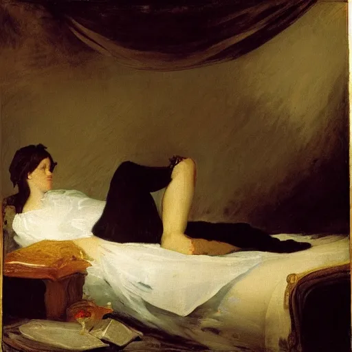 Prompt: Francisco Goya painting of Liv Sage lounging in her bedroom, candlelit, dramatic