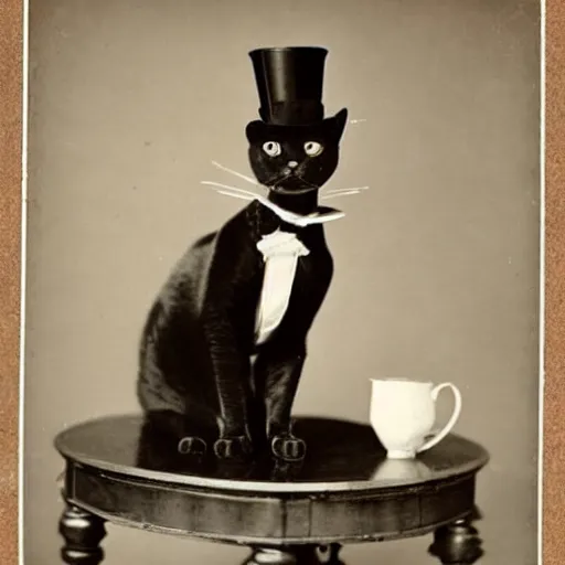 Prompt: a classy cat with a top hat sitting on a antique table and drinking his tea, 1 8 9 0 vintage photo