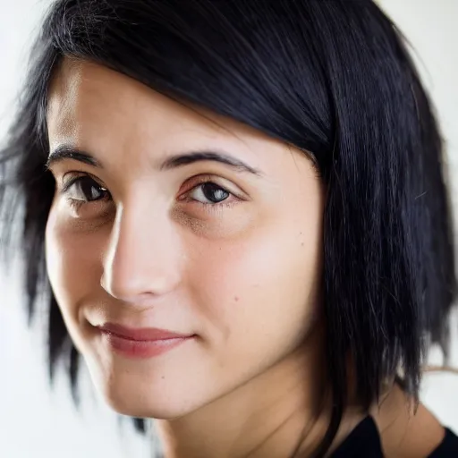 Image similar to young woman with shoulder - length messy black hair, slightly smiling, 1 3 5 mm nikon portrait