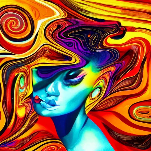 Prompt: abstract art with swirly color liquid acrylic paint and beautiful female face, beautiful color composition, warm colors, black details